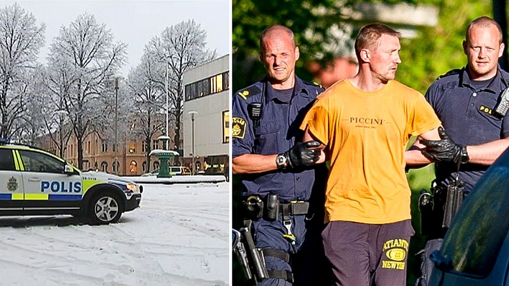 Polisbil i snön utanför Skaraborgs tingsrätt. Bild på när Nerijus Bilevicius, som nu dömts för mordet på Lisa Holm, gips.