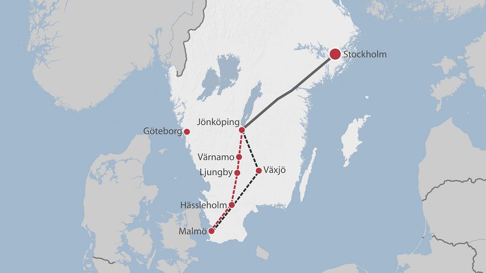 1 februari kommer beskedet om vilket sträckning det blir mellan Jönköping och Malmö. Det står mellan en sträckning via Värnamo och Ljungby eller en sträckning via Växjö.