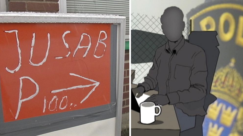 Skylt med texten ”JUSAB”. Till höger en animerad bild av person i förgrunden, en polisbricka i bakgrunden.