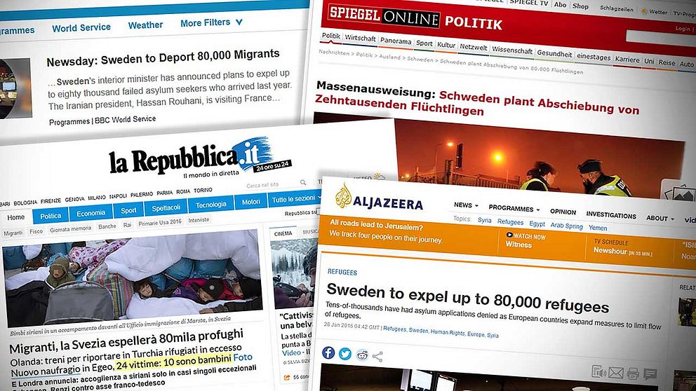 Svensk ”massutvisning” blev en stor nyhet i utländska medier (collage från webbsidor)