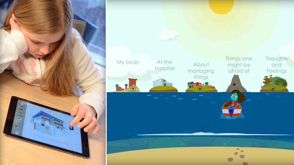 Barn sitter med appen i en surfplatta. Skärmdump från appen där avataren åker i en båt mot öarna.