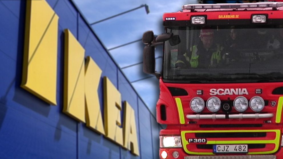 Ett montage av en bild på ett IKEA-varhus och en brandbil.