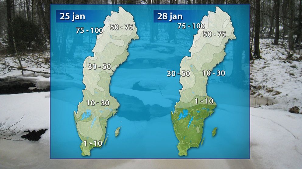 Grov analys av snödjupet i landet den 25 respektive 28 januari.