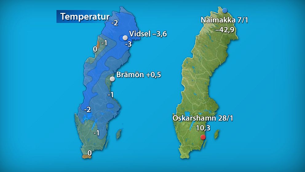 Till vänster månadens medeltemperatur jämfört med referensperioden 1961–1990 (och de stationer som fick störst/minst över/underskott). Till höger månadens högsta och lägsta temperatur.