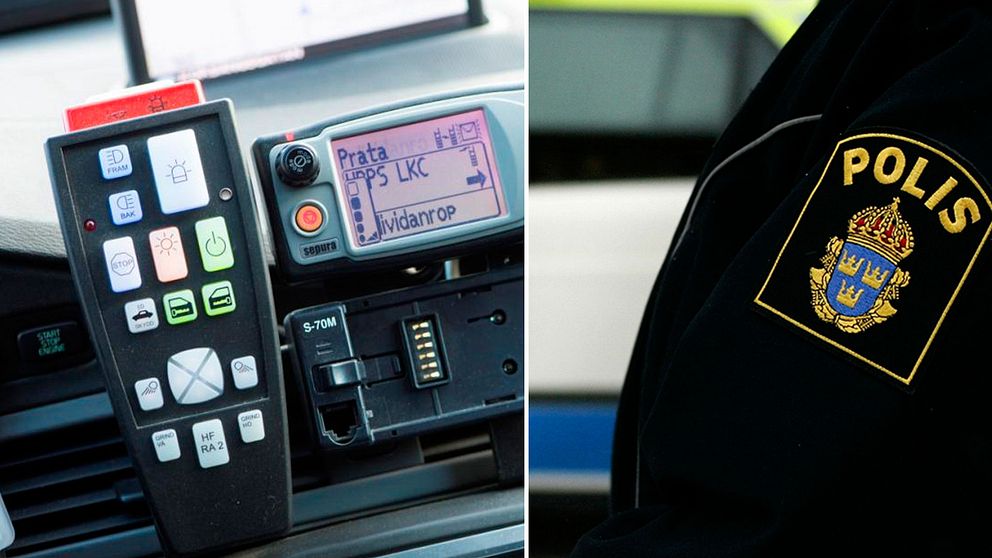 Bild på Rakel polisens kommunikationssystem och på ett polismärke.