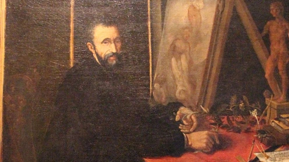 På porträttet av Michelangelo, målat av Pompeo di Giulio Caccini, syns tecken på ledsjukdomen artros på den vänstra handen. (Museet Casa Buonarroti. Foto: Scala, Florens)