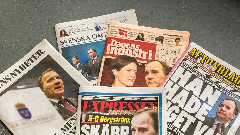 STOCKHOLM 20 141 204 Förstasidor av svenska tidningar på torsdagen med anledning av att statsministern utlyst nyval till riksdagen. Foto Mons Brunius / TT kod 115