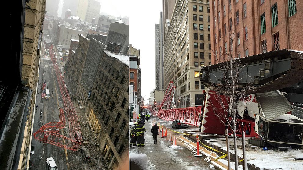 Den jättelika kranen rasade ned på gatan i området Tribeca, på Manhattan i New York.