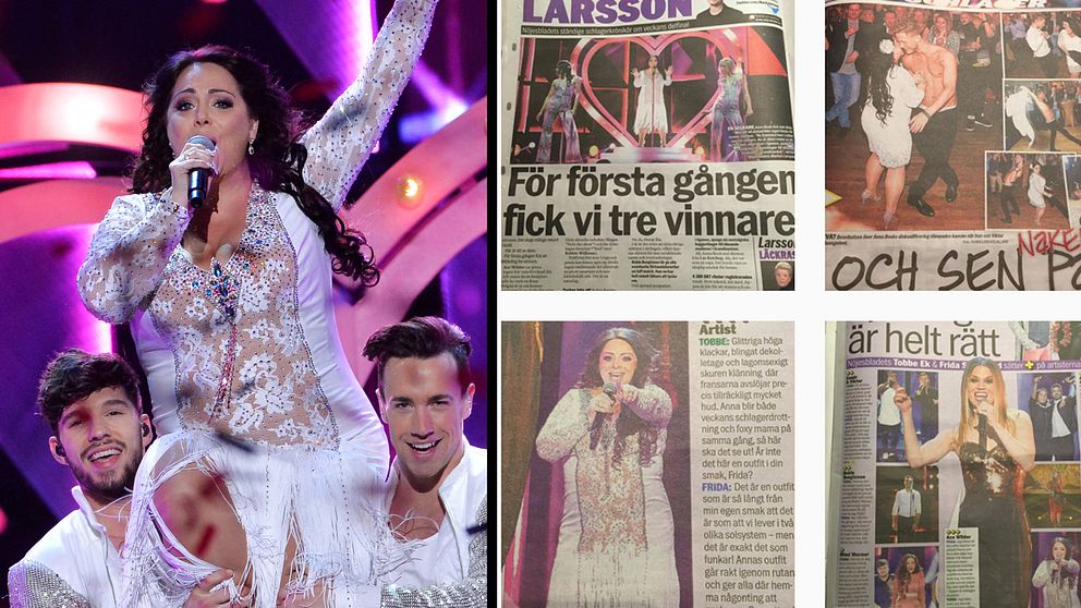 Till vänster: Anna Book framförde ”Himmel för två” på Melodifestivalen. Till höger: Anna Book postade bilder från tidningarna på sin Instagram.