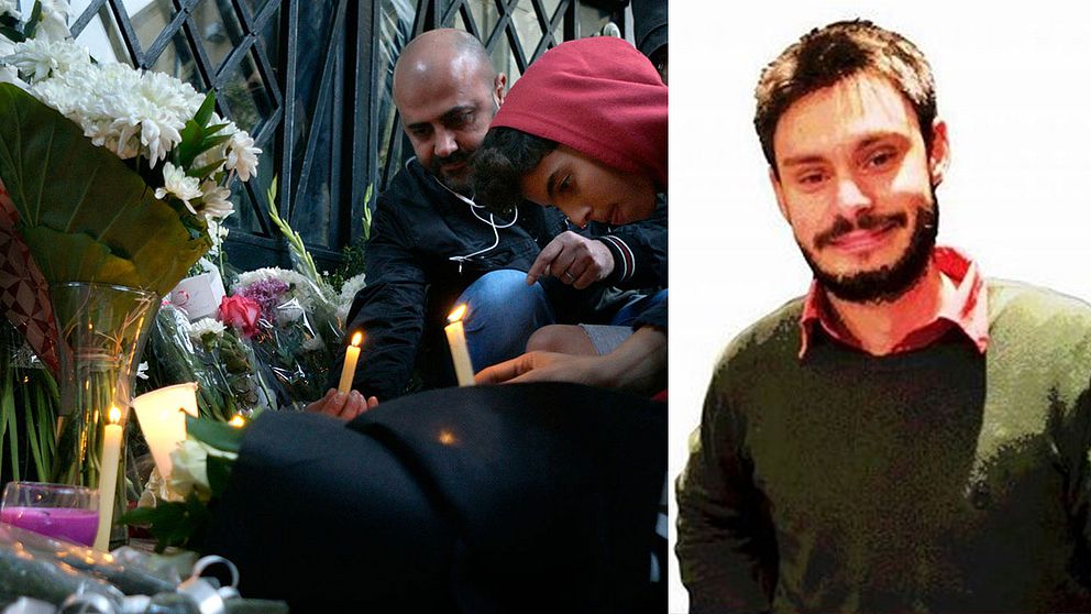 Den mördade studenten Giulio Regenis minne hedras utanför den italienska ambassaden i Kairo.