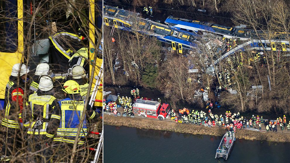 Flygbilder visar den massiva räddningsinsatsen utanför Bad Aibling, i södra Tyskland, där tågolyckan inträffade.