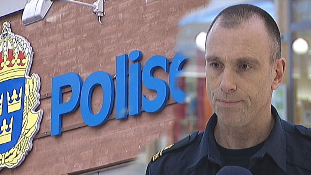 Polisskylt och Fredrik Malm, områdespolis