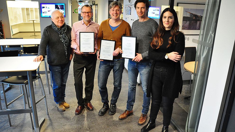 Vinnare i Sverigepriset. De prisade från vänster: Rune Bergström, Nils Chöler, Henrik Kruusval, Jesper Henke och Angelica Capitao Patrao.
