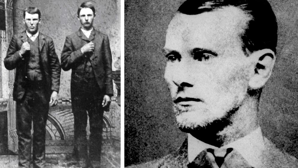 Till vänster poserar Jesse James och hans bror Frank James 1872. Till höger är ett av få porträtt på Jesse James.