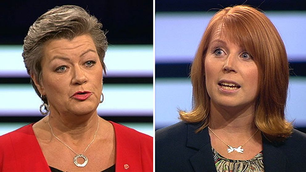 Arbetsmarknadsminister Ylva Johansson (S) och Annie Lööf, partiledare (C) i debatt i SVT:s Agenda om ingångsjobb