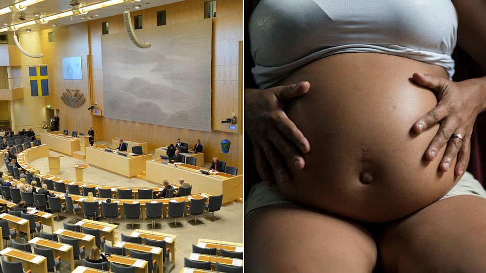 Bild på riksdagen och en gravid kvinna