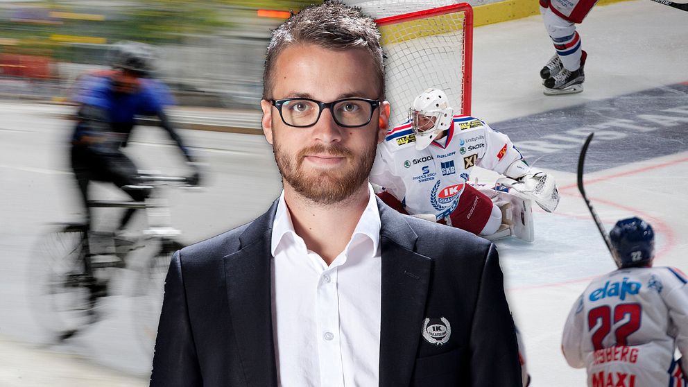 Oskarshamns klubbchef Martin Åkerberg inklippt framför cykel och hockey.