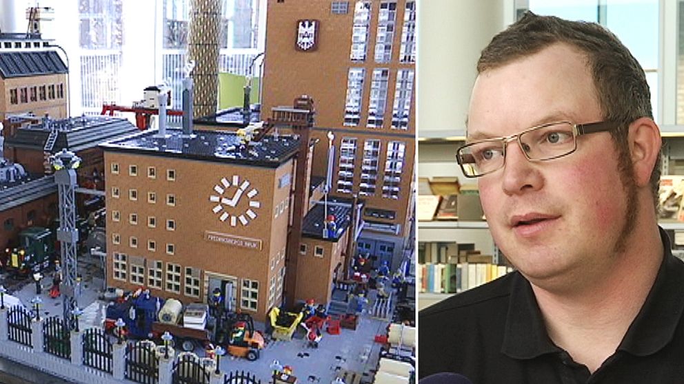 Anders Nilsson, ordförande i Swebrick, och hans legokopia av pappersbruket i Fredriksberg.