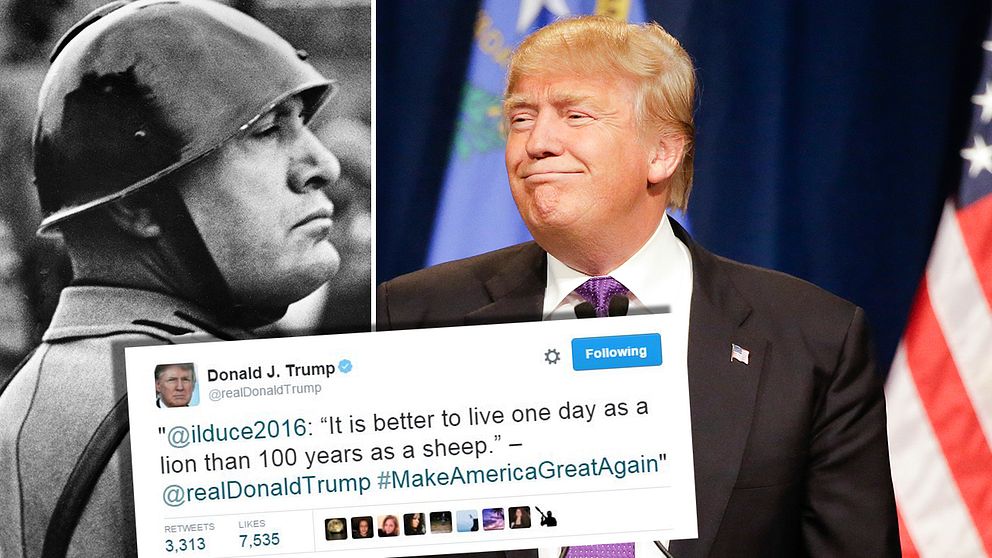 Donald Trump är en flitig twittrare och skickar gärna vidare osande förolämpningar mot sina motståndare och hyllningar till honom själv. Även om det handlar om citat från Benito Mussolini.