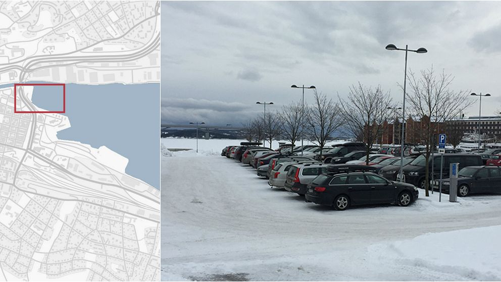 Bildmontage, karta över Finnkajen samt bild av nuvarande parkeringen