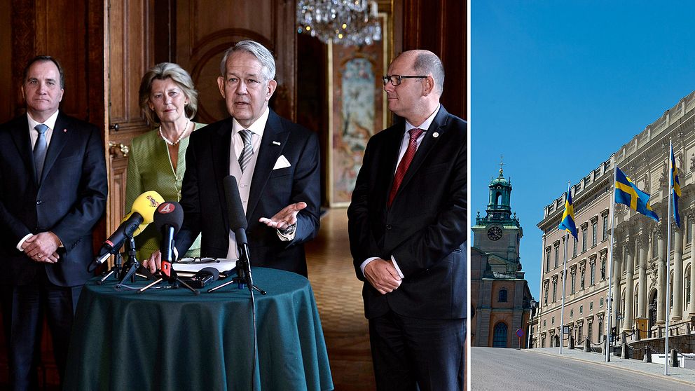 Statsminister Stefan Löfven, överhovmästarinna Kristine von Blixen-Finecke, riksmarskalk Svante Lindqvist och riksdagens talman Urban Ahlin är de som närvarar vid konseljen på Slottet.