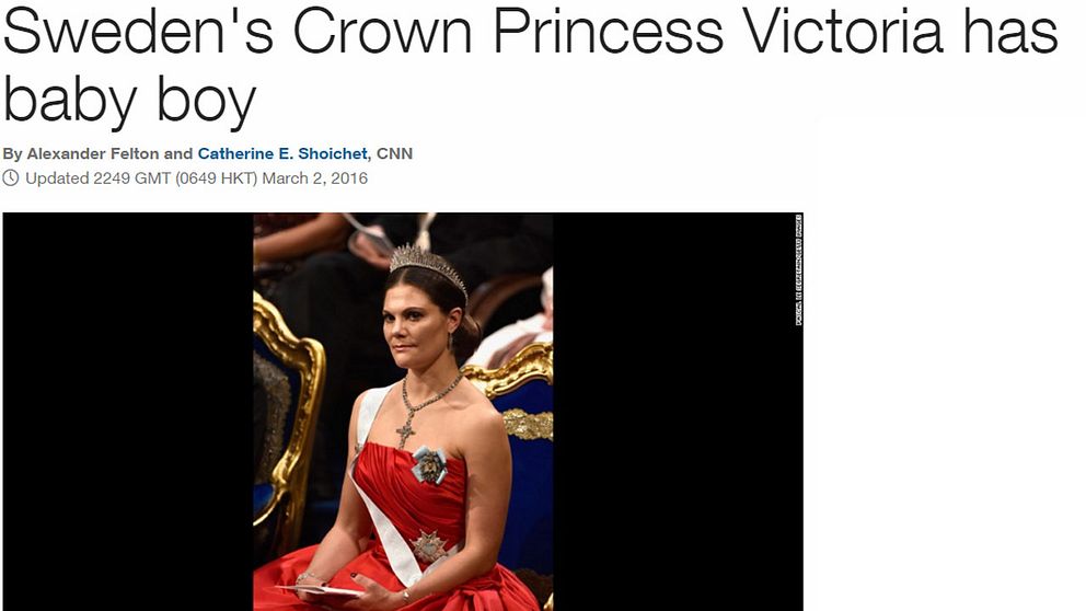 En skärmdump på CNN:s hemsida där det står ”Swedens' Crown Princess Victoria has baby boy”
