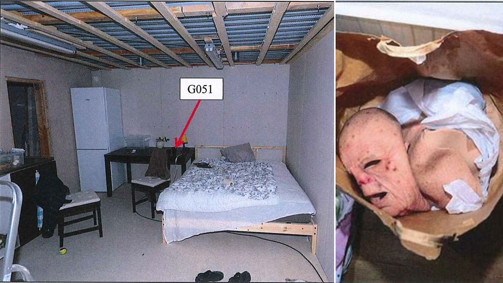 Här hölls kvinnan inspärrad i en bunker. Till höger i bild masker som hittades hos den dömde mannen.