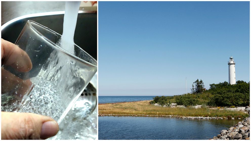 Vattenglas och bild på en fyr på Öland