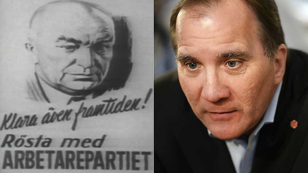 Kan ”svenska modellen” lyfta S? Bild på gammal valaffisch (S) och statsminister Stefan Löfven.