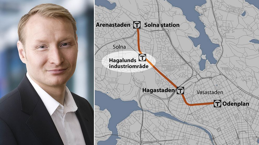 Pehr Granfalk (M), kommunstyrelsens ordförande i Solna, och karta över gula t-banelinjen.