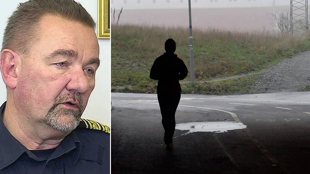 Polisområdeschefen i Östersund Stephen Jerand. Till höger en bild på en kvinna som joggar.