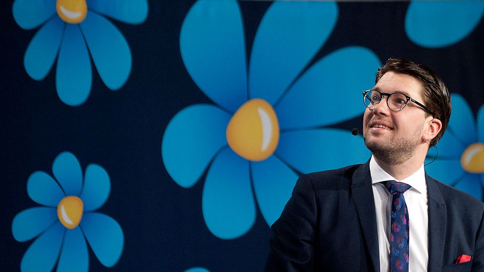 SD:s partiledare Jimmie Åkesson med partiets logotyp i bakgrunden.