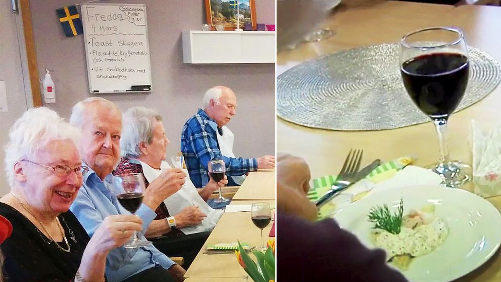 Glada pensionärer får skåla och äta lyxlunch var tredje vecka på äldreboendet Solängen.