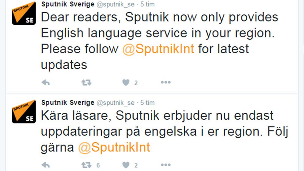En skärmdump på inlägget där det står ”Kära läsare, Sputnik erbjuder nu endast uppdateringar på engelska i er region”.