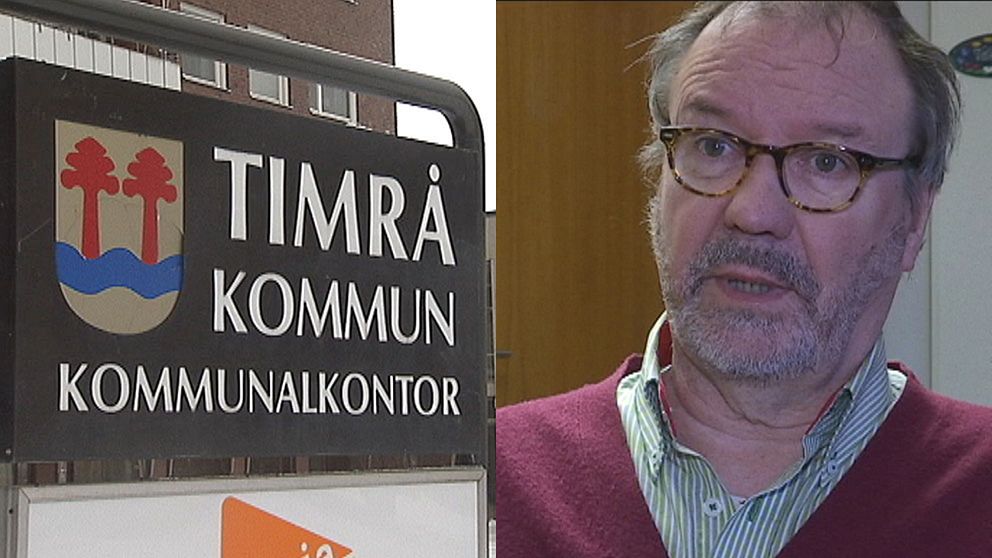 Montage med skylten utanför Timrå kommuns kommunalkontor och Per-Arne Frisk (S), socialnämndens ordförande.