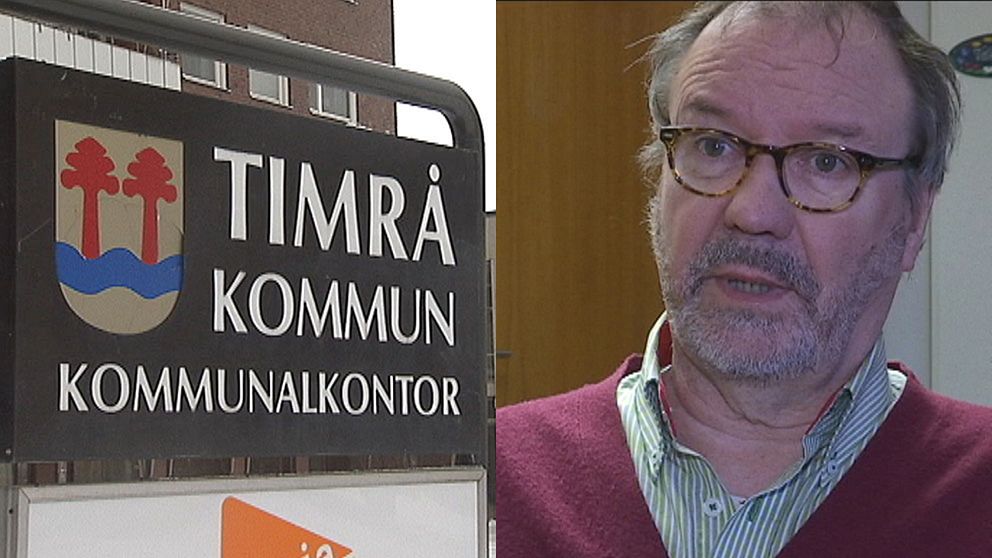 Montage med skylten utanför Timrå kommuns kommunalkontor och Per-Arne Frisk (S), socialnämndens ordförande.