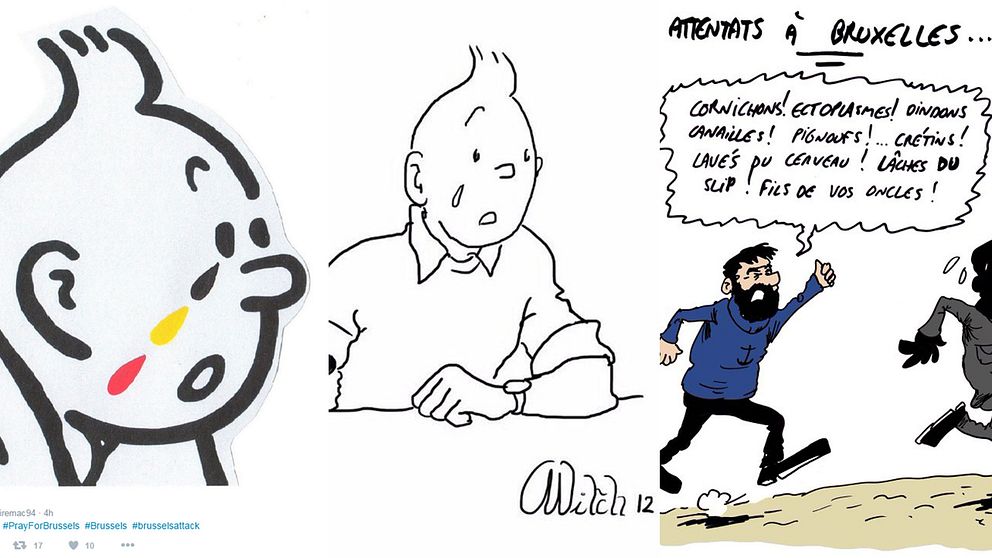 Illustrationer av Tintin efter dåden i Bryssel.