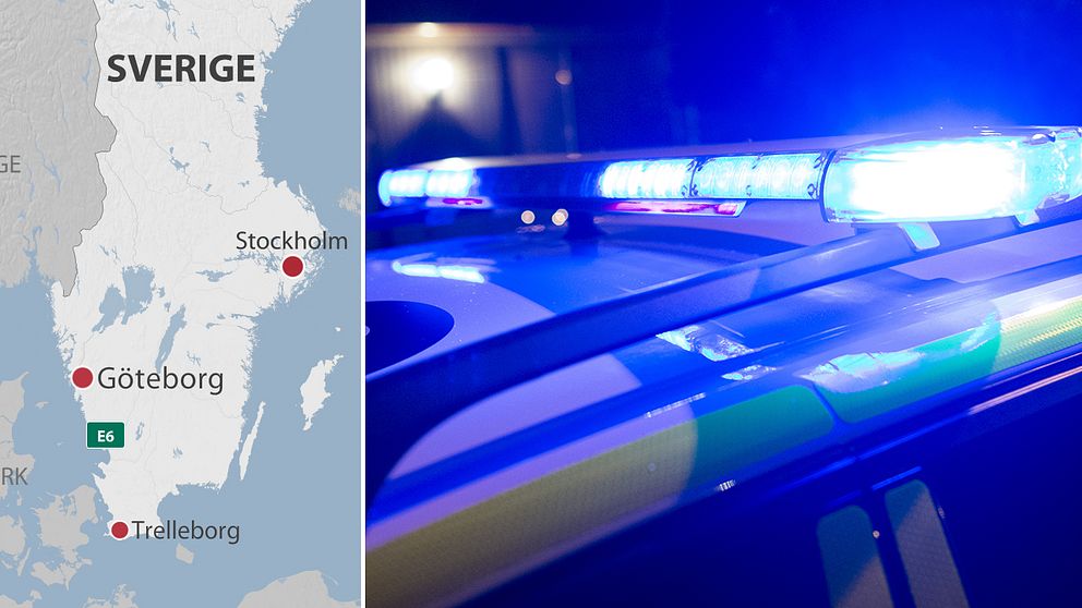 Karta över södra Sverige där Göteborg och Trelleborg är utmärkta. Blåljus på polisbil.