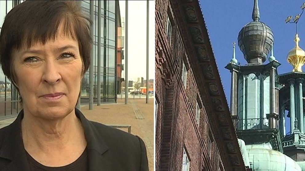 Delad bild: Till vänster, Mona Sahlin och till höger, Stadshuset.