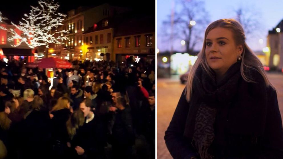 Larmtorget i Kalmar under nyårsnatten och Maja Johansson som anmält sexuellt ofredande.