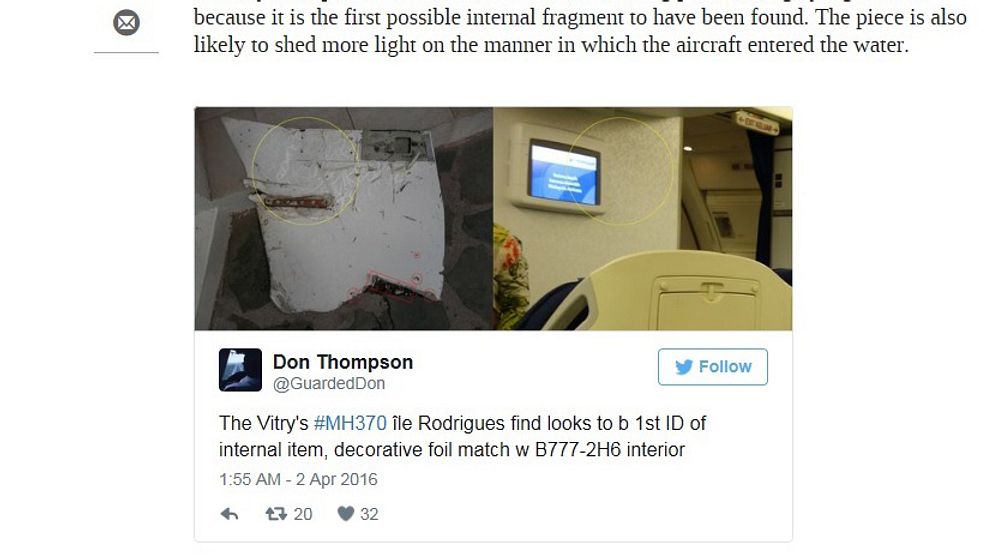 Den privata utredaren Don Thompson har lagt ut en bild på flygplansdelen på Twitter.