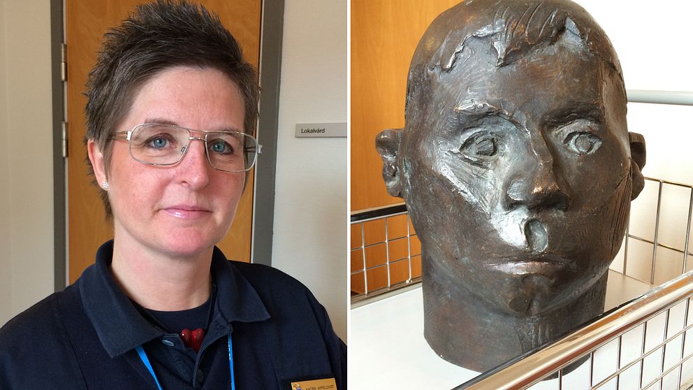 Katrin Appelqvist vid Oskarshamnspolisen och bronshuvudet som ser lite ut som en brottare.