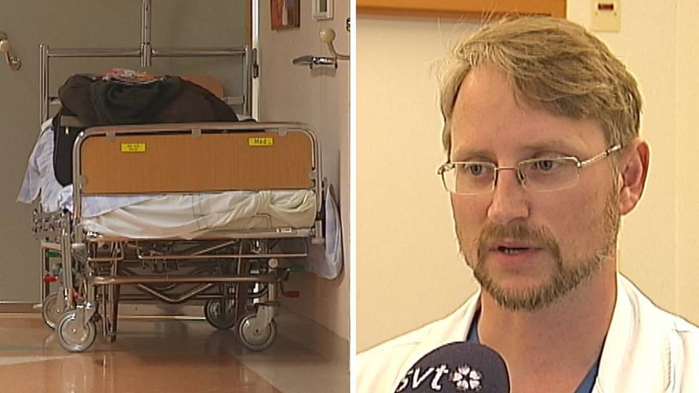 Jonas Lindeberg, Vård för pengarna, i en bild till höger och en sjukhussäng i en korridor till vänster.