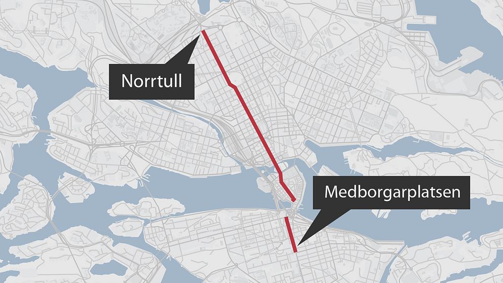Karta över Stockholms innestad där den tänkta gågatan är utmarkerad.