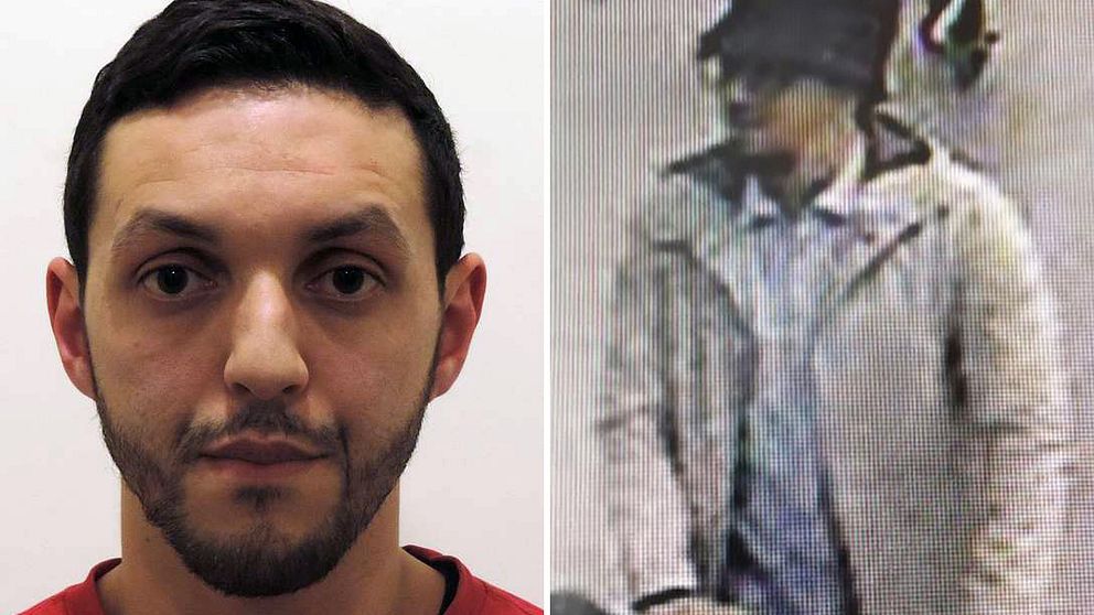 Mohamed Abrini bredvid en bild av mannen i hatten från Bryssels flygplats.