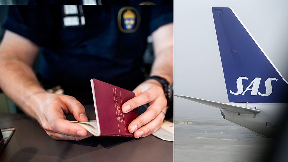 Tvådelad bild: Passkontroll på Arlanda och bild på SAS-plan