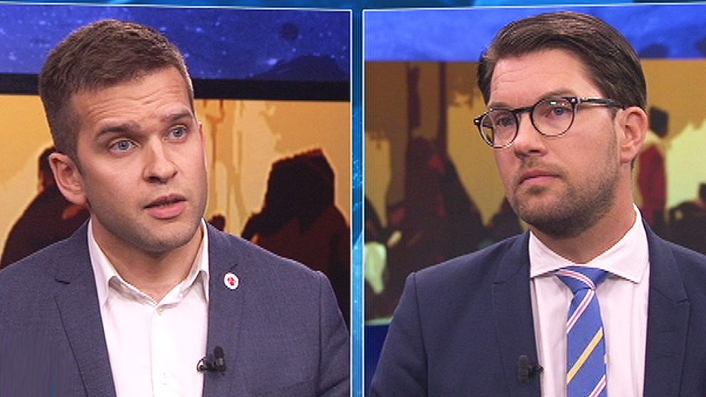 Sverigedemokraternas partiledare Jimmie Åkesson och sjukvårdsminister Gabriel Wikström (S) debatterade i Aktuellt efter att SD lagt fram ett förslag om att begränsa välfärden för flyktingar.