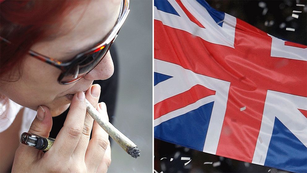 Kvinna röker cannabis. Storbritanniens flagga.