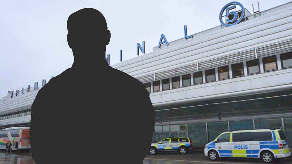 En bild på Arlanda flygplats och en siluett av en tecknad man.