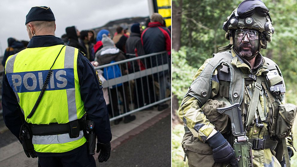 Polis vid gränsskontroll och en kamoflagesminkad soldat.